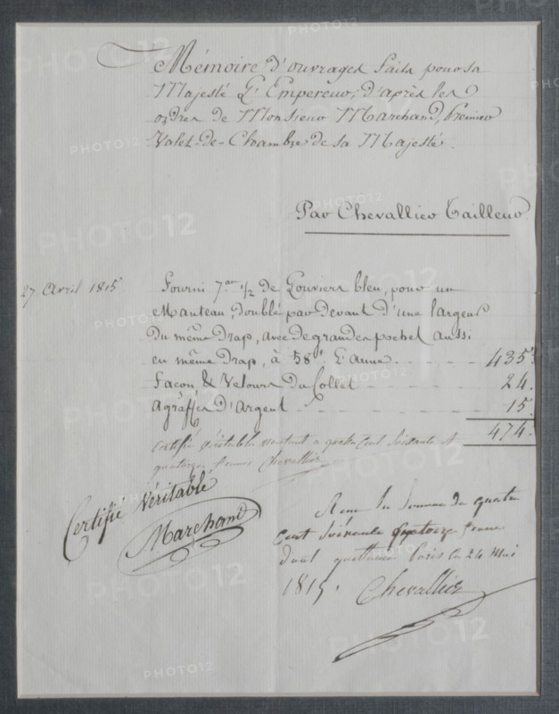 Invoice edited by Chevalier, Emperor Napoleon I's tailor (1815)