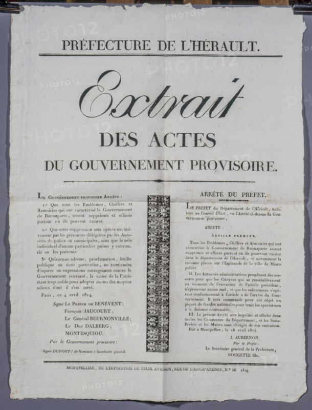 Affiche du gouvernement provisoire annonçant l'interdictions des armes de Bonaparte en France (1814)
