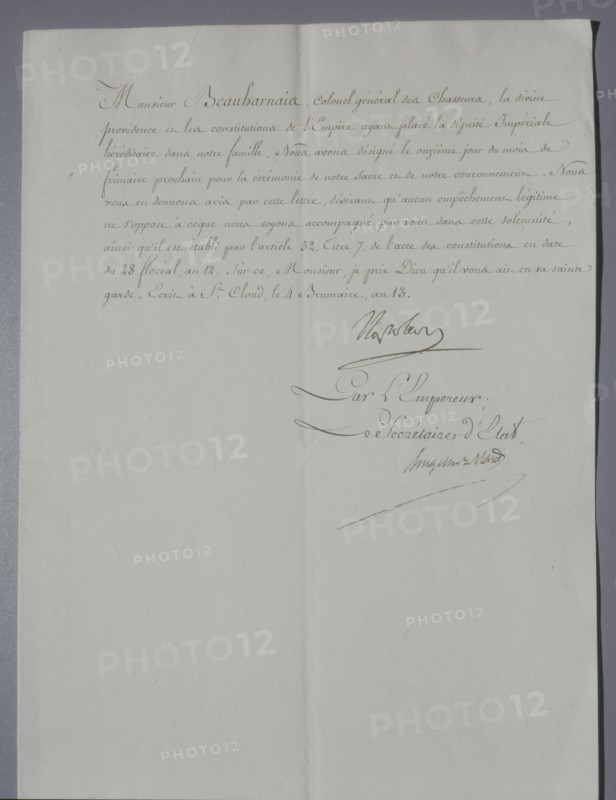 Invitation signée de Napoléon à Eugène de Beauharnais, son beau-fils, pour le couronnement du 2 décembre 1804