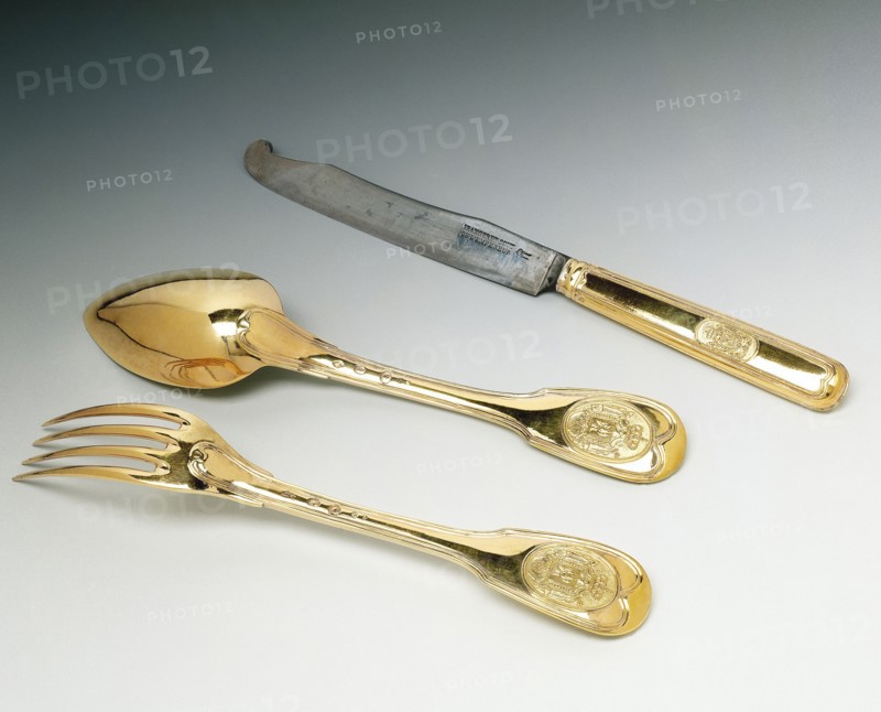 Martin-Guillaume Biennais and Pierre-François Grangeret, Place setting (Fork and spoon) and knife bearing the Emperor's coat of arms.