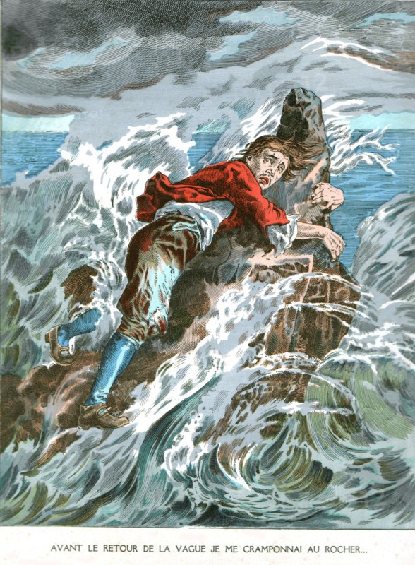 Les aventures de Robinson Crusoé de Daniel Defoe, le naufrage, Illustrations de J.-J. Grandville et chromolithographies de L. Nehlig