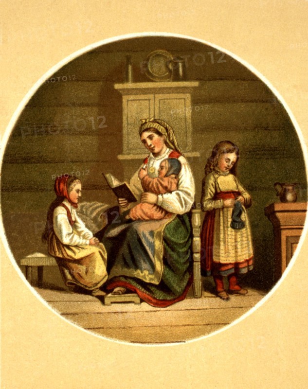 Lithographie de G. Knusli, Zurich, Femme et enfants