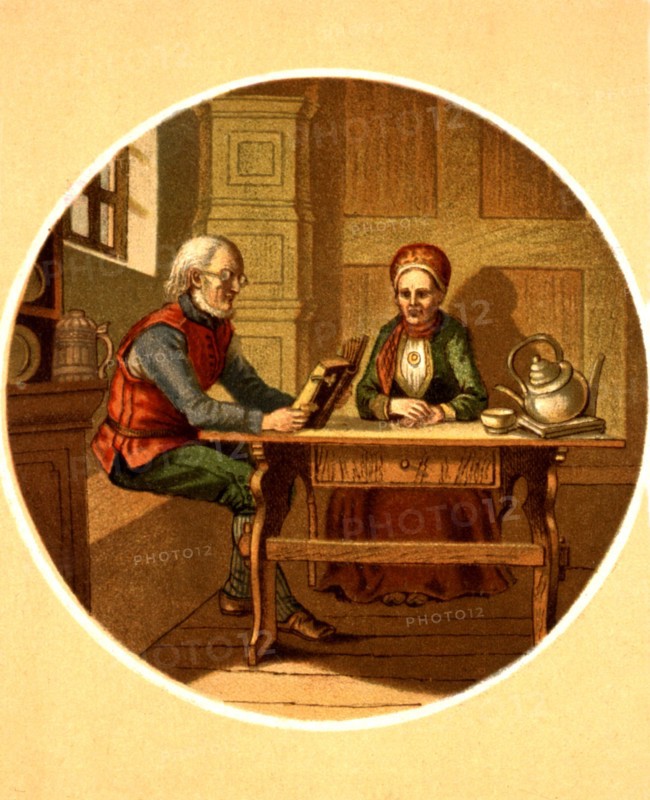 Lithographie de G. Knusli, Zurich, Couple lisant