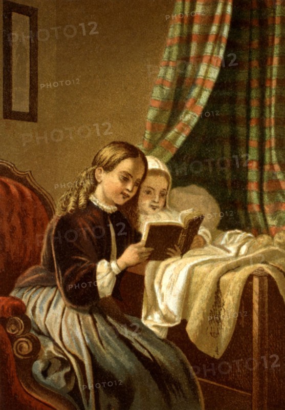 Lithographie de G. Knusli, Zurich, Fillettes lisant