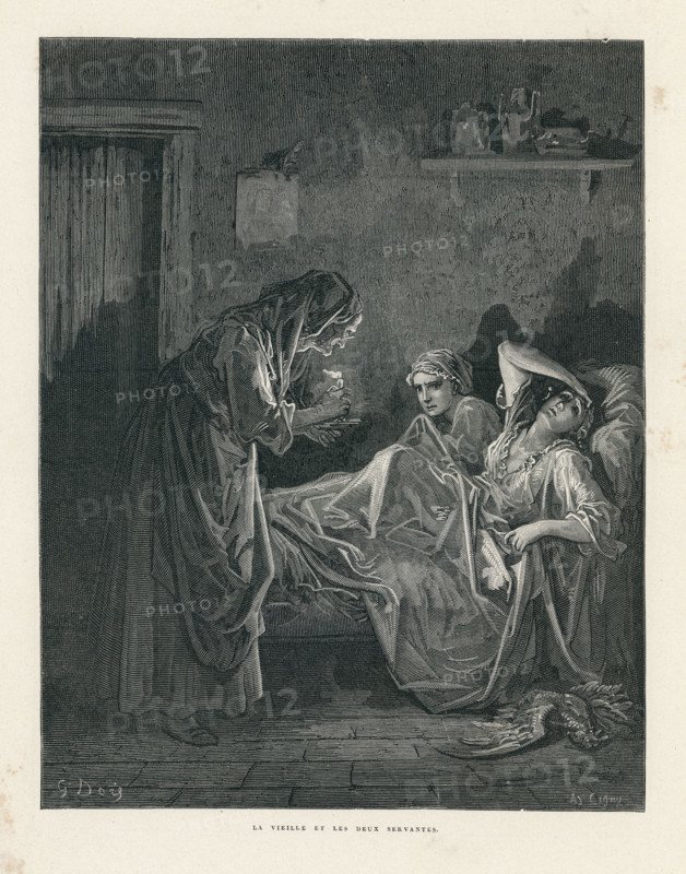 Fable of La Fontaine 'The Old Woman and Her Two Servants'