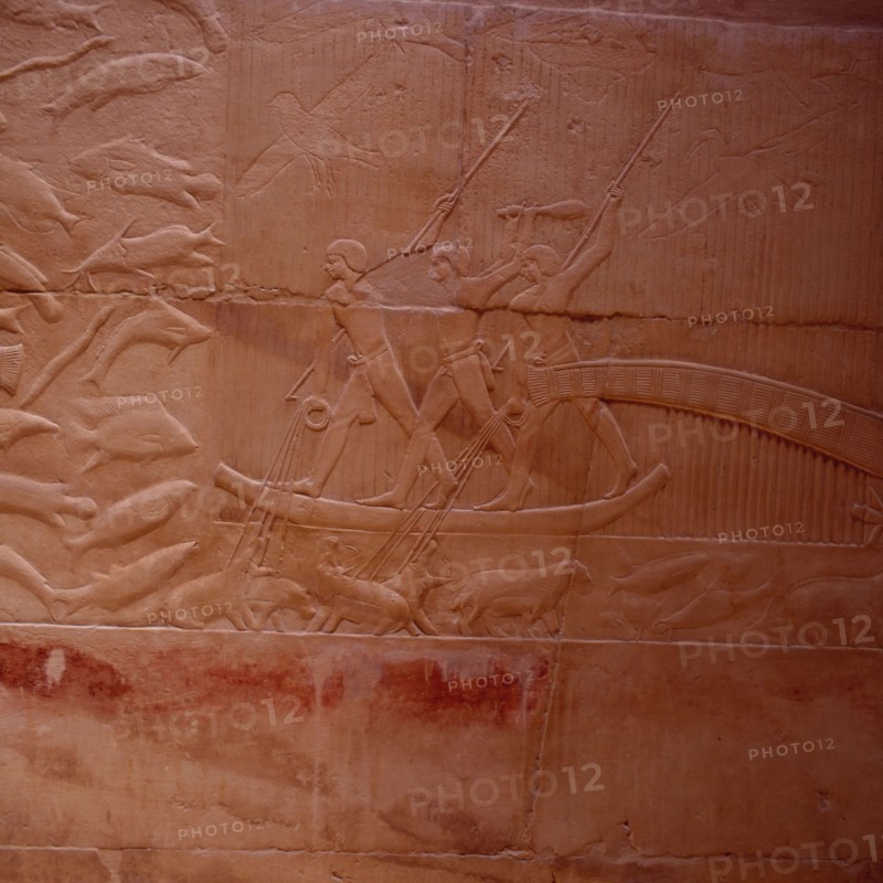 Saqqarah, mastaba de Kagemni, scène de pêche au harpon dans les marais de papyrus