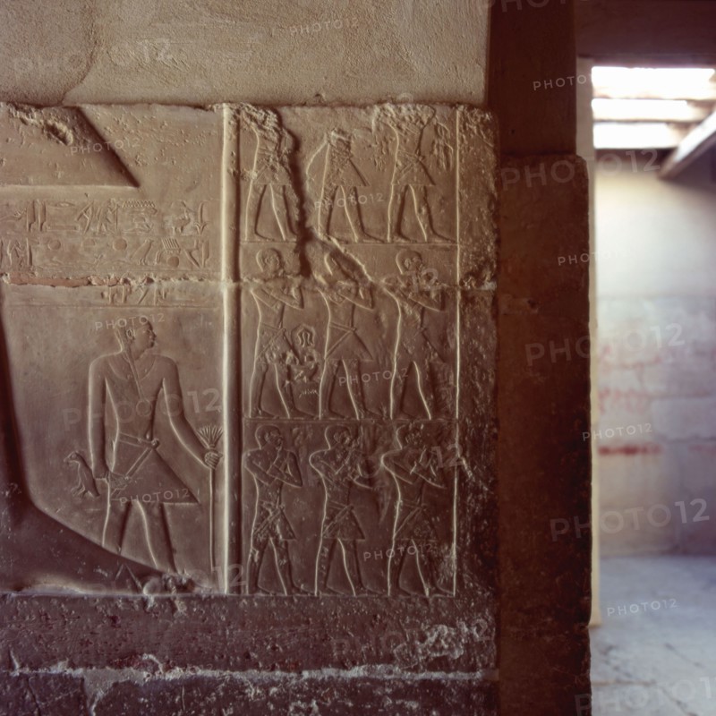 Saqqarah, mastaba de la princesse Idout, enfant porteur d’une tige fleurie et d’un oiseau
