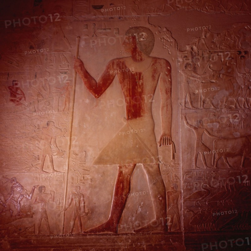 Saqqarah, Mastaba de Ptahhotep,  le maître de la tombe muni du bâton et de la serviette avec ses enfants