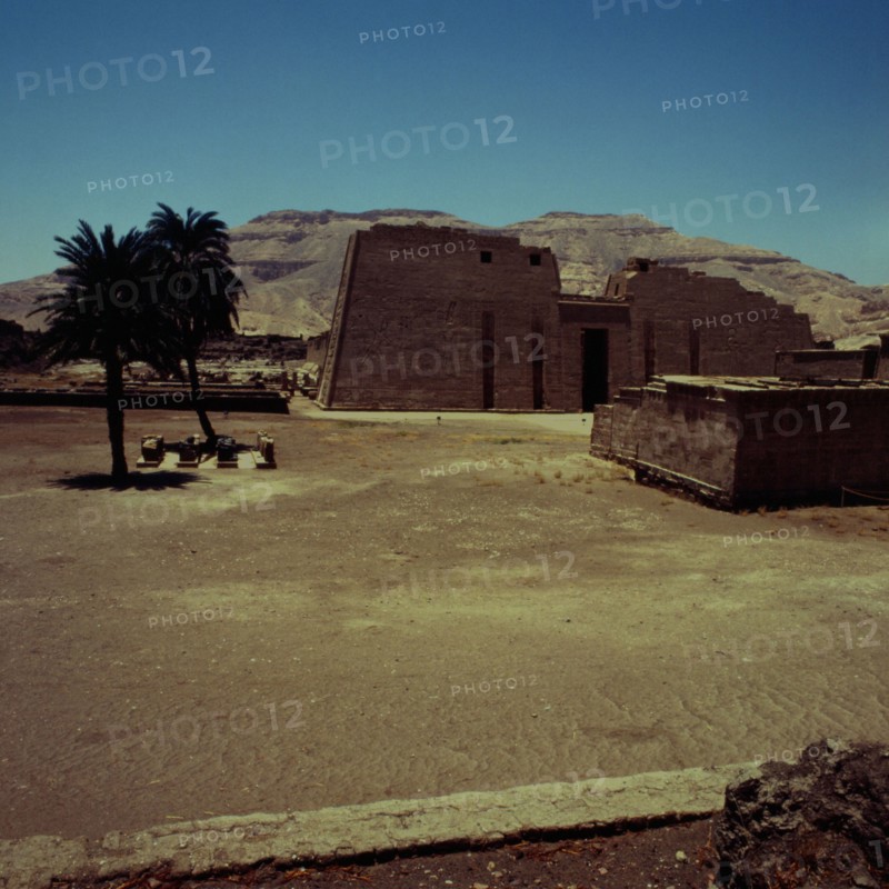 Medinet Habu, Temple of Ramses III,  first pylon, and vestiges of the royal palace