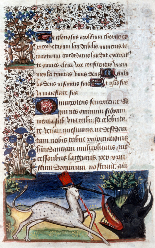 Manuscript of the Hours of Rohan-Montauban: Unicorn with a dogvane keeping a monster at bay