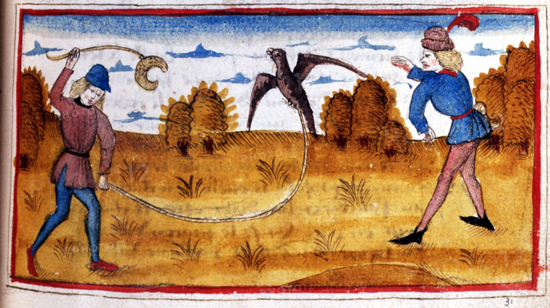 Manuscrit d'Henry de Ferrières, le livre du Roy Modus et de la Royne Ratio, scène de fauconnerie