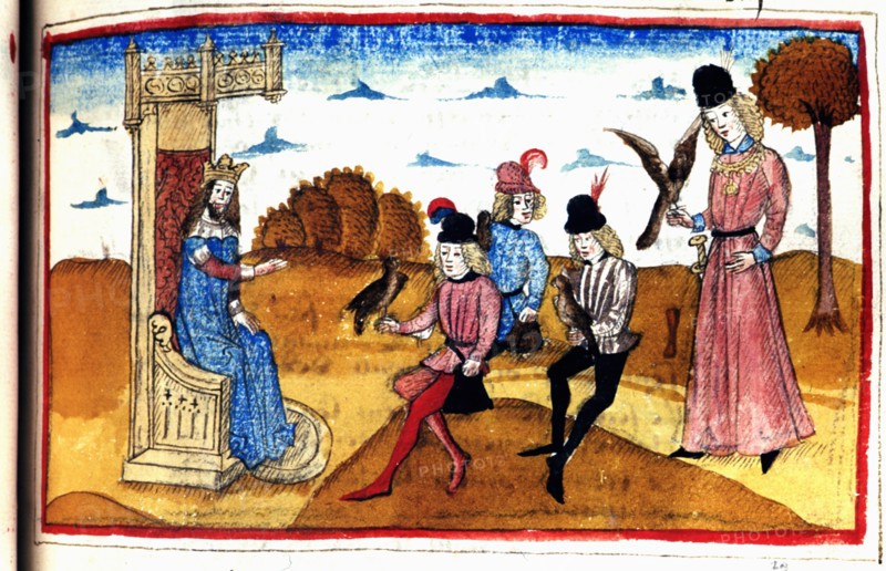 Manuscrit d'Henry de Ferrières, le livre du Roy Modus et de la Royne Ratio, scène de fauconnerie