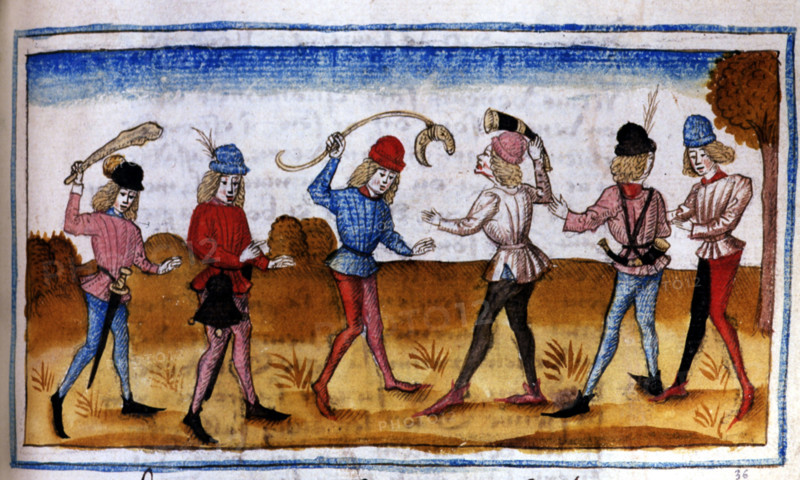 Manuscrit d'Henry de Ferrières, le livre du Roy Modus et de la Royne Ratio, jeunes gens avec cor de chasse