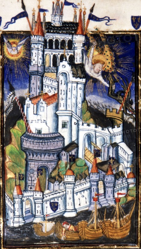 Manuscrit des Heures de Rohan-Montauban : suite des suffrages aux saints : l'archange Gabriel dominant un château-fort
