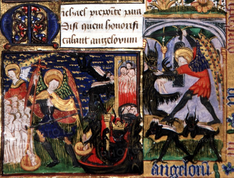 Manuscrit des Heures de Rohan-Montauban : suite des suffrages aux saints : l'archange Gabriel soulevant la balance des élus et des damnés