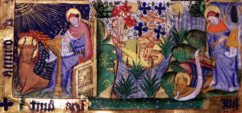 Manuscrit des Heures de Rohan-Montauban : Le Christ en majesté cantonné des quatre évangélistes et de leur symbole, détail