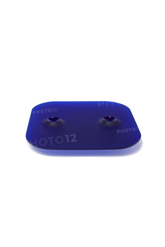 Vizner, Square Blue Plate with Two Holes (with drawing)