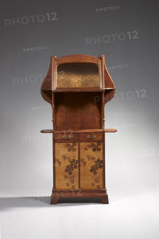 Louis Majorelle (1859-1926)
Meuble de rangement à hauteur d’appui de forme mouvementé, la partie haute vitrée ouvre à un abattant dégageant un intérieur plaqué de ronce de frêne et supporté, la partie basse à plateau débordant ouvre à deux portes ornées de clématites, prises à motif floral stylisé
En palissandre massif, façade par deux fins montants fuselés et marqueterie de bois précieux (156x82x34cm)
Collection particulière