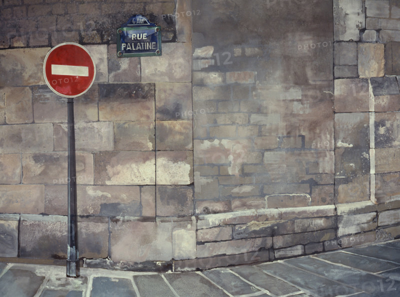 Painted backdrop. In the streets of Paris; no-entry sign