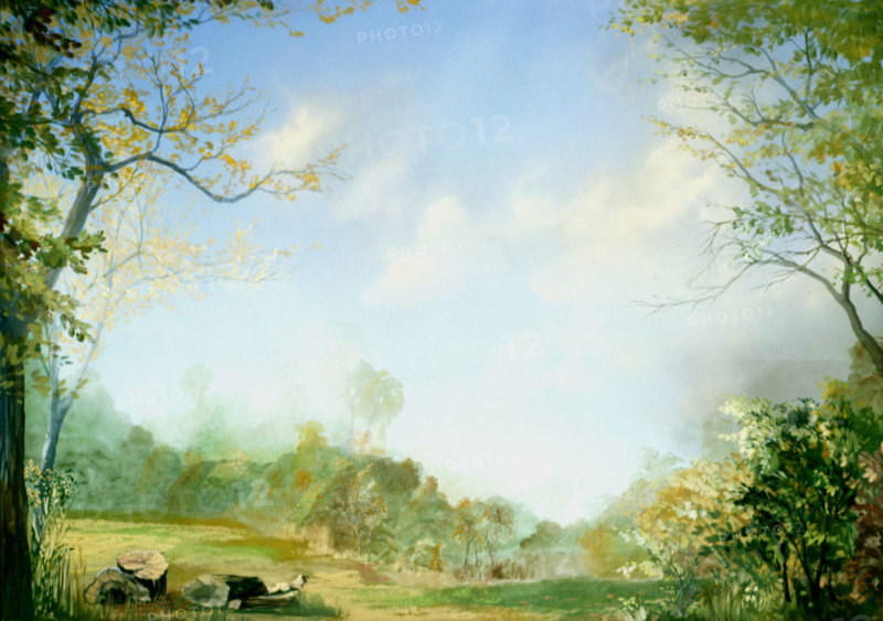 Painted canvas tarp. Rural landscape