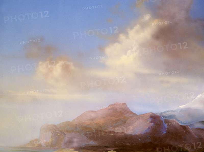 Painted canvas tarp. Mountainous landscape