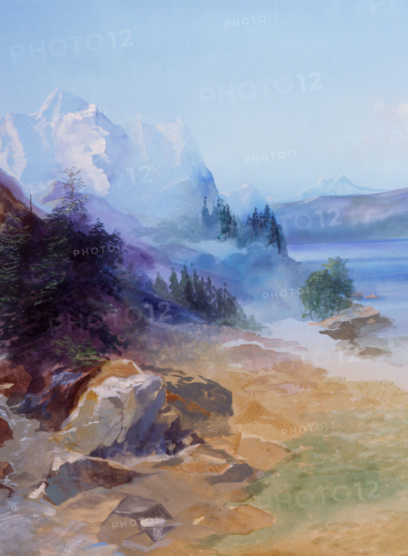 Painted canvas tarp. Mountainous landscape