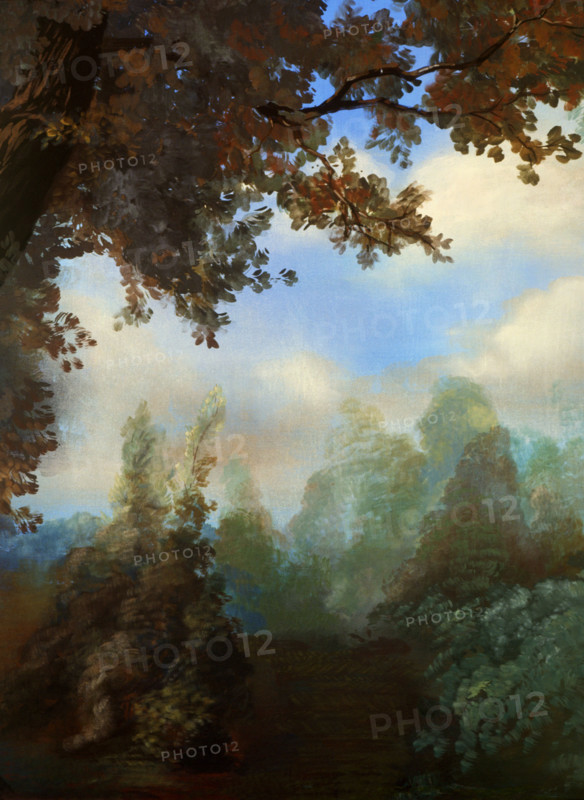 Painted canvas tarp. Rural landscape