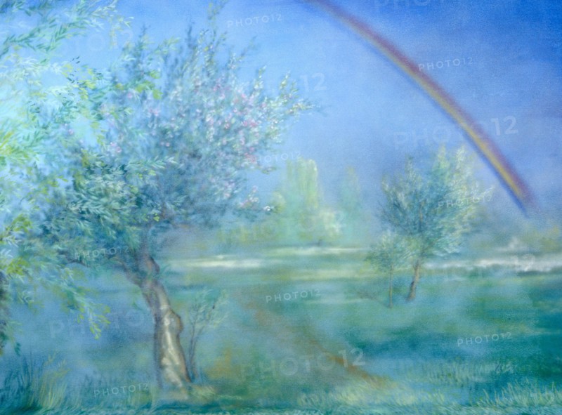 Painted canvas tarp. Spring landscape