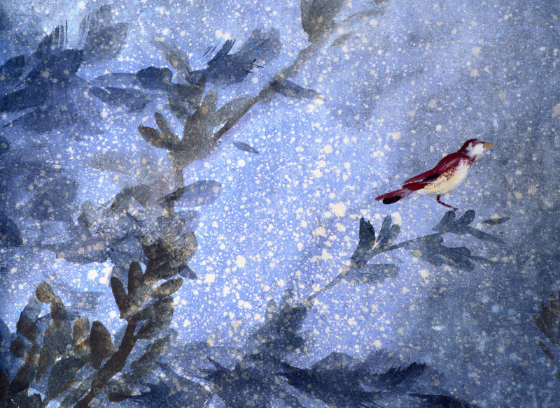 Painted backdrop with foliage and birds