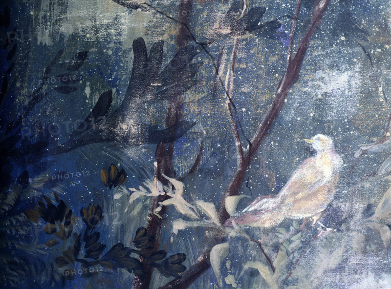 Painted backdrop with foliage and birds