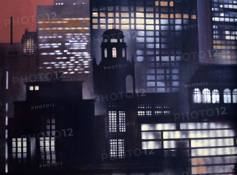 Painted backdrop. Night view over buildings
