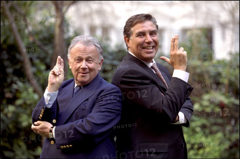 02/00/2001. EXCLUSIVE. French Radio hosts Philippe Bouvard and Jean-Pierre Foucault back on the air of RTL