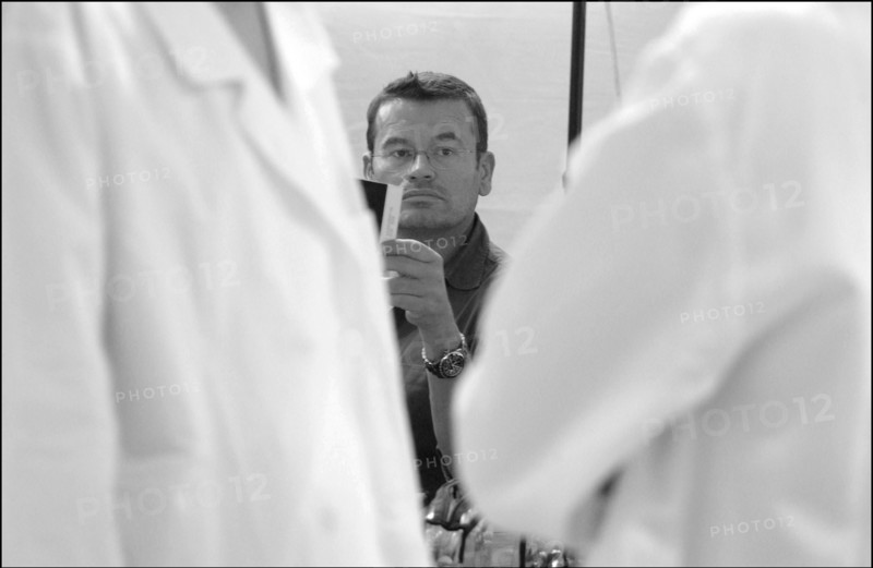09/30/2002.  Stephane Marais, make-up tests for the coming Issey Miyake spring-summer 2003 show.