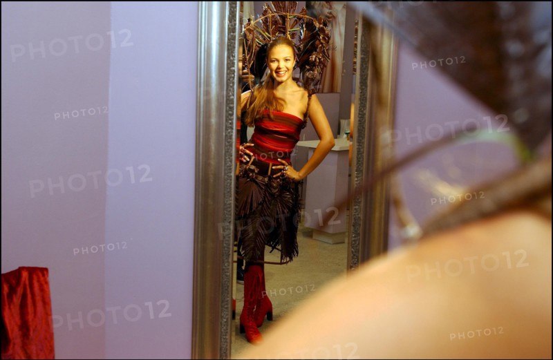 10/28/2002.  Fashion designers dress Severine Ferrer, Laure de Lattre and Mya Frye in chocolate for catwalk appearance at the 8th Salon du Chocolat, Oct. 30.