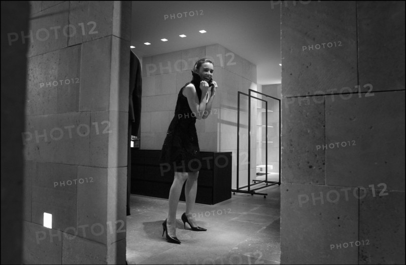 05/00/2003. EXCLUSIVE Elodie Bouchez tries gowns on at Armani's before the 56th Cannes Film