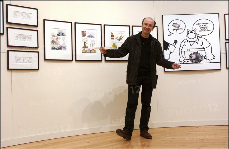10/24/2003. Belgian cartoonist and TV host Phillipe Geluck's art exhibit at the Beaux-Arts, Paris : a first for any comic strip artist.