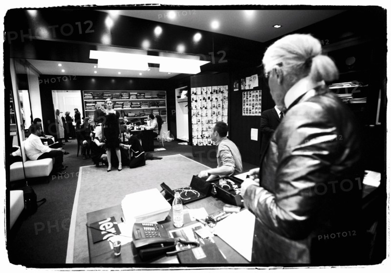 01/00/2004.  Chanel Fashion Designer Karl Lagerfeld, backstage of the Haute Couture Spring-Summer 2004 fashion show.