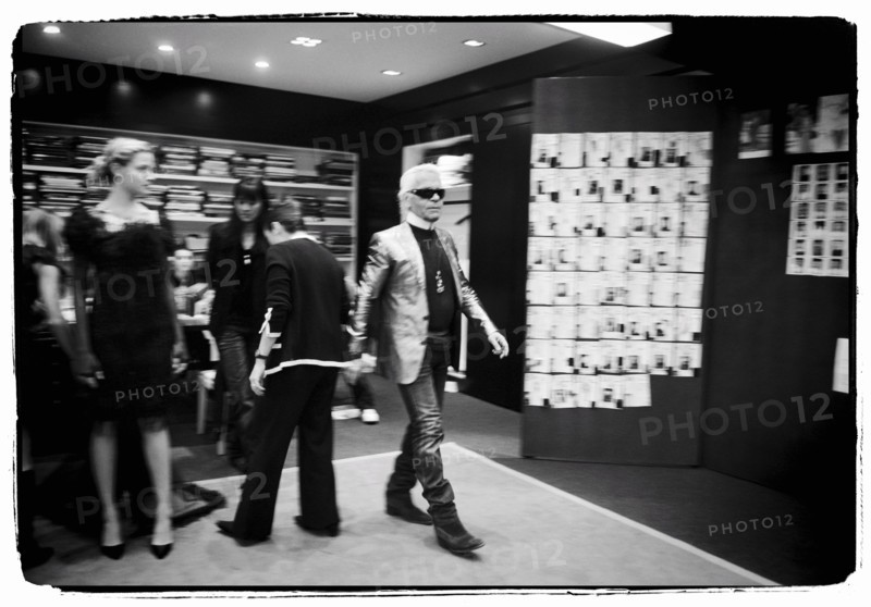 01/00/2004. EXCLUSIVE. Chanel Fashion Designer Karl Lagerfeld, backstage of the Haute Couture Spring-Summer 2004 fashion show.