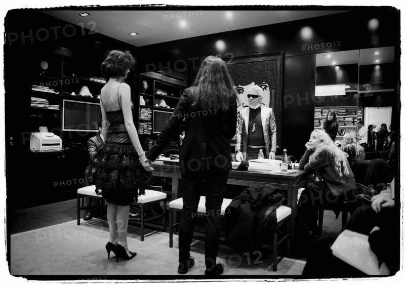 01/00/2004. EXCLUSIVE. Chanel Fashion Designer Karl Lagerfeld, backstage of the Haute Couture Spring-Summer 2004 fashion show.