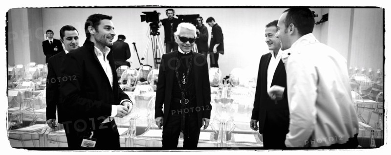 01/00/2004. EXCLUSIVE. Chanel Fashion Designer Karl Lagerfeld, backstage of the Haute Couture Spring-Summer 2004 fashion show.