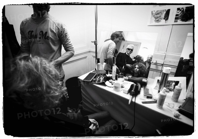 01/00/2004. EXCLUSIVE. Chanel Fashion Designer Karl Lagerfeld, backstage of the Haute Couture Spring-Summer 2004 fashion show.