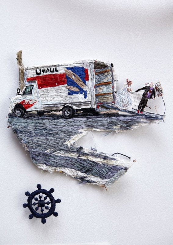 Detail of an embroidered work by the artist Sophia Narrett