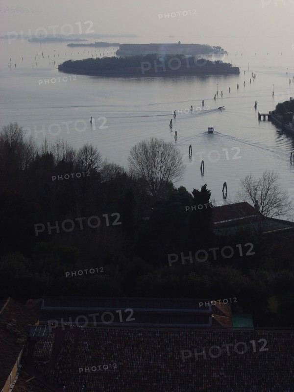 Aerial view of the lagoon and San Clemente island in Venice
