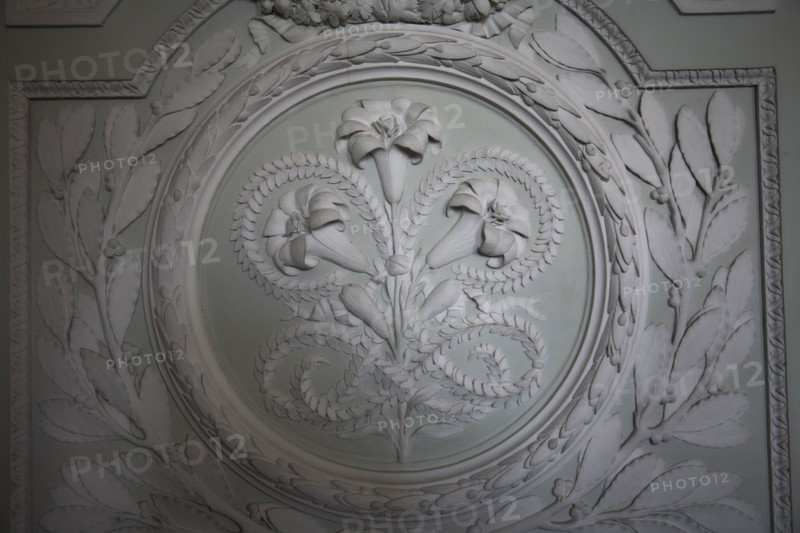 Versailles107 Château de Versailles, Petit Trianon, boiseries sculptées de fleurs, médaillon et fleurs de lys