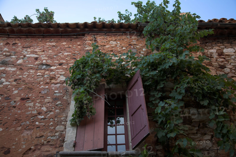 Provence506 Provence, Luberon, village de Roussillon, mur, fenêtre, volets rouges, vigne vierge, été