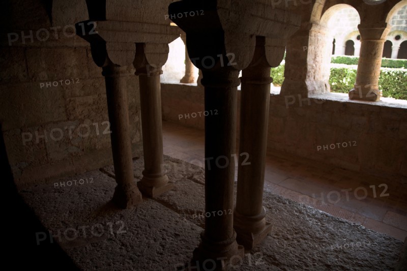 Provence811 Abbaye du Thoronet, le cloître vu depuis la salle capitulaire : arcades géminées, oculus et chapiteaux, vue sur le jardin du cloître