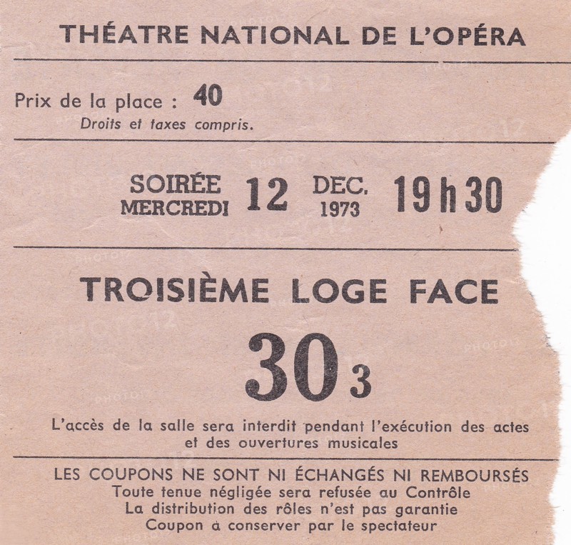 Billet de l'Opéra Garnier, 1973