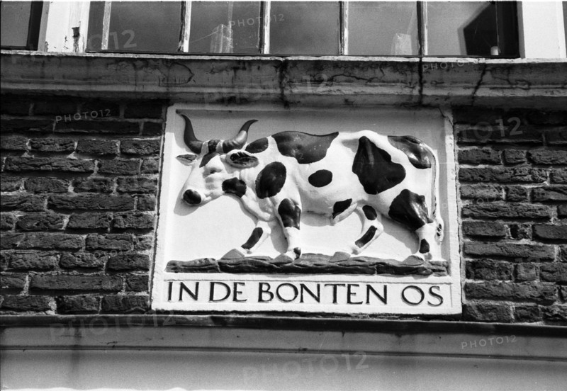 Pierre de façade ornée d'un bovin tacheté en relief, portant l'inscription "In de Bonten Os", sur un mur de briques. Enkhuizen, Pays-Bas.
2000