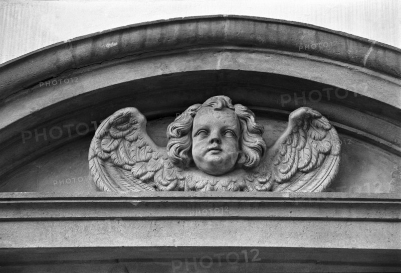 Tête de chérubin ailé sculptée dans un fronton cintré. Prague, République tchèque.
2001