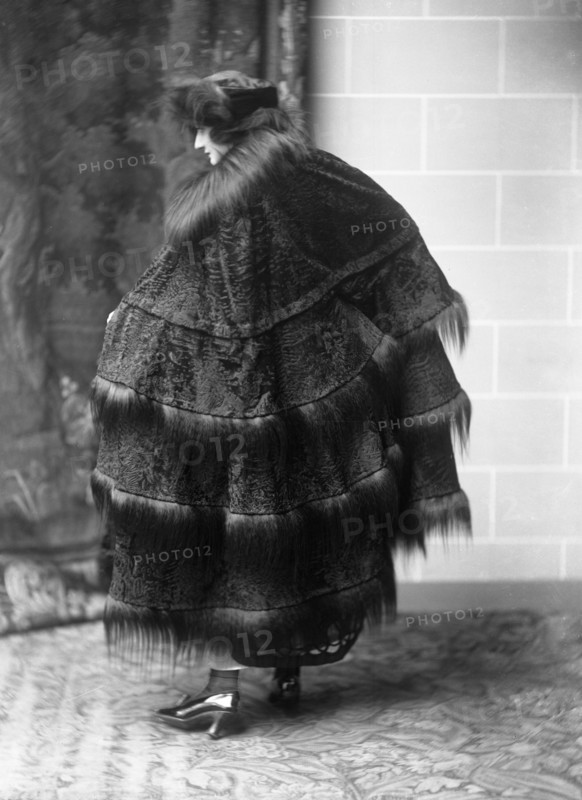 Female model wearing a fur coat designed by Max Leroy